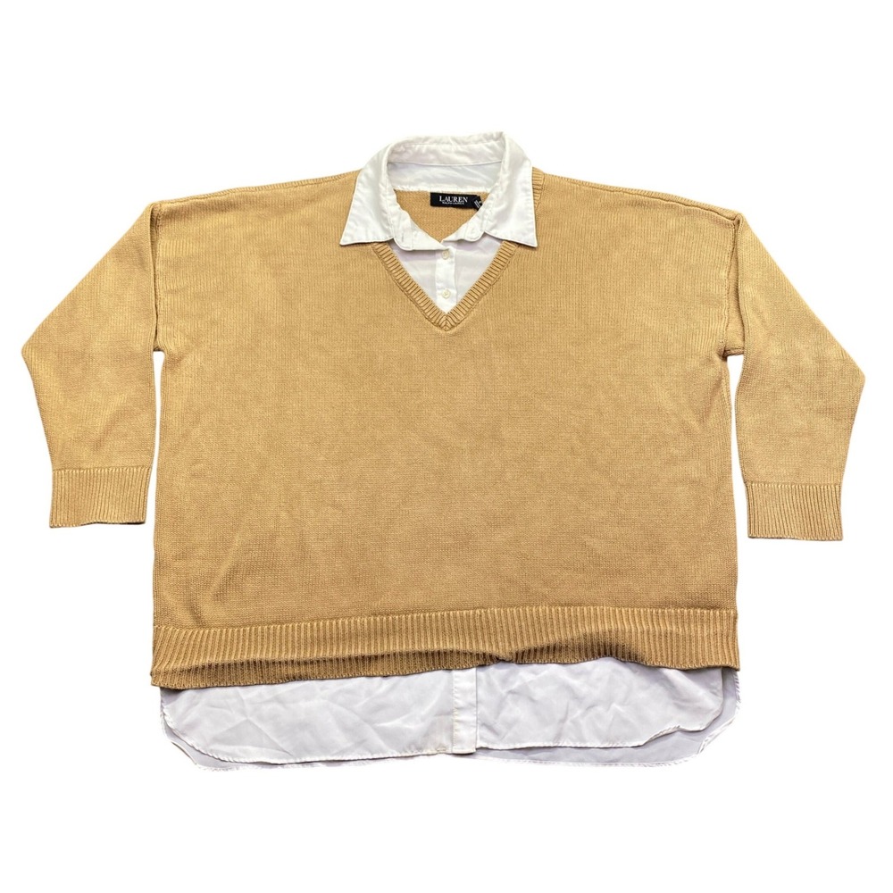 Lauren Ralph Lauren Tan‎ Layered Sweater White Collared Shirt Top 1X Cottagecore
